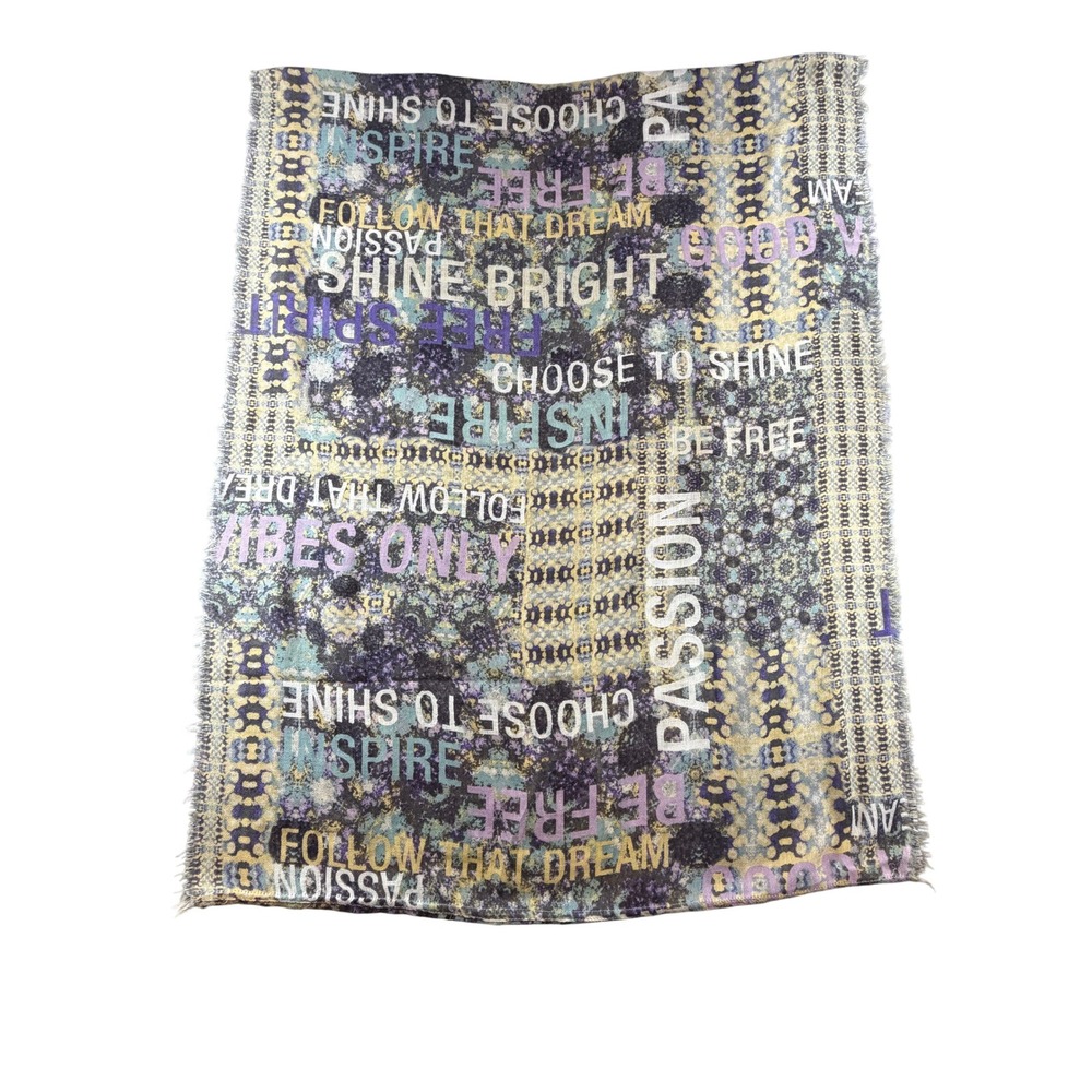 BCBGeneration Scarf Choose to Shine Motivational Print Blue Purple Frayed Edge